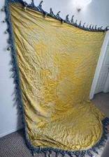 Antique French Silk Satin W Rope Trim Wall Hanging Bed Yellow Celadon 72”x 94” picture