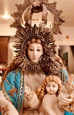 ANTIQUE SPANISH Cap I Pota Talla Vestide MADONNA & CHILD HOLY SANTOS DEL ROSARIO picture