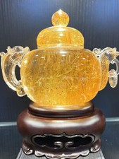 2.5LB Top Rare Natural golden rutilated quartz carved teapot Decor+stand picture