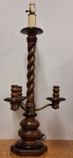 Antique Leviton Brass And Wood Barley Twist Three Light Candlestick Table Lamp picture