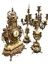 VINTAGE ITALIAN IMPERIAL 3 PIECE BRASS & MARBLE CLOCK & CANDELABRAS picture