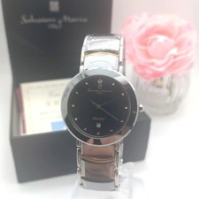 Salvatore Marra Men's Quartz Watch Black Dial 12 Diamond Accents 33mm Steel Band picture
