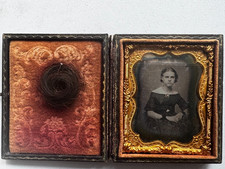 Incredible Antique Woman In Dress & Locket w/Hair DAGUERREOTYPE Dated 1857 picture
