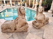 Large Pair Of Majestic Carved Limestone Antique Sphinx Sculptures Statues picture