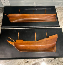 Vintage Half Hull Mounted Ship Wooden Hand Carved Maritime Nautical Set Of 2 picture