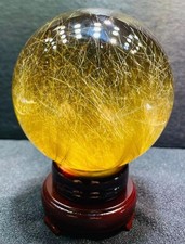 100mm Collect rare Natural Rutilated golden Sphere Quartz Crystal ball Energy picture