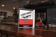 SCARCE 1950s LION PENN MOTOR OIL AVIATION 2-SIDED PAINTED METAL FLANGE SIGN GAS picture