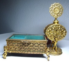 Vintage Matson Style Gilt Cherub Perfume Bottle & Himark Music Box Vanity Set GP picture