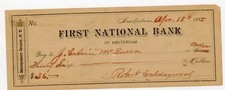 1885 First National Bank Amsterdam NY Check J. Calvin McQueen Montgomery Signed picture