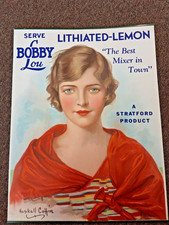 1920's Serve Bobby Lou Lithiated- Lemon (Coffin Girls) Soda Pop Advertising Sign picture
