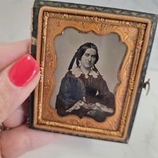 Antique 1840s-50s 1/9 Plate Daguerreotype Victorian Era Fingerless Lace Gloves picture