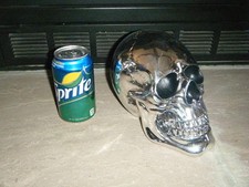 MEDIUM SILVER MIRRORED HUMAN SKULL PROP High Halloween Stitched Scars Cool HTF picture