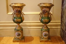 MAGNIFICENT PR OF 19C FRENCH SEVRES PORCELAIN GILT BRONZE MOUNTED HANDLED URNS picture
