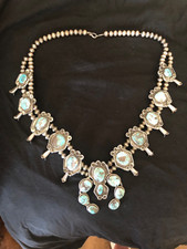 Vintage Az Estate Bisbee Sterling Turquoise Navajo Squash Blossom Necklace 291 G picture