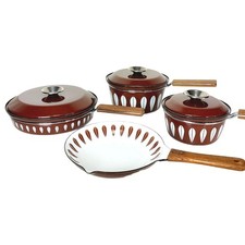 Vintage MCM Catherine Holm of Norway Brown Lotus Enamelware Pot & Pan 7 Pc Set picture