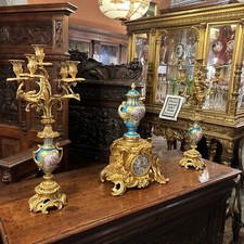Antique French gilded Bronze sevres porcelain 3 p.clock set Deniere, 19 century picture