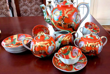 Vintage Dulevo U.S.S.R. PORCELAIN GILT & ORANGE Deer Pattern Tea Set for 6, New picture