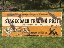 Vintage Hereford Brand Textan Leather Stagecoach Trading Post Metal Sign 7’x3’ picture