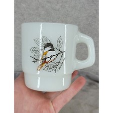 Vintage Fire-King Milk Glass Bird Mug Baltimore Oriole Chickadee 4