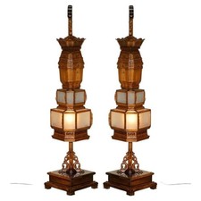 PAIR OF 196CM TALL DRAGON FLOOR STANDING ORNAELTY CARVED CHINESE PAGODA LAMPS picture