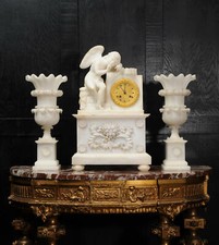 EARLY ANTIQUE FRENCH ALABASTER CLOCK SET CUPID MENACING LOVE C1820 picture