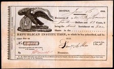 1819 Boston - Republican Institution - EX RARE Stock Like Certificate picture