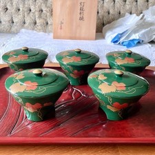 Zouhiko lantern shaped bowl five pieces wooden lacquerware green gold ivy picture