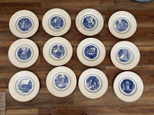 Vintage Wedgwood Amherst College Blue 12 Dinner Plates Complete Set c1955 picture