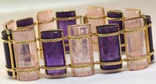 14K YELLOW GOLD - ESTATE MODERNIST AMETHYST & ROSE QUARTZ BRACELET picture