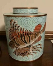 RARE XXL Fabienne Jouvin Turquoise Cloisonné Tiger Fish Copper Canister-Amazing picture