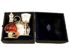 Antique Victorian 1870s Sterling Silver Gilt and Cranberry Glass Communion Set picture