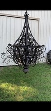 VTG Wrought Iron Gothic Spanish Revival CHANDELIER Ceiling LiGHT Fixture Shade picture