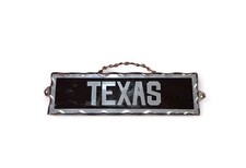 Antique TEXAS Reverse Painted Scalloped Chipped Glass And Metal Sign Plaque picture