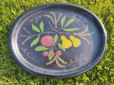 VTG HAND PAINTED TOLEWARE Floral Fruit Folk Tole Art Metal Tray Ingalls Family picture