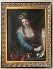Antique Judaica Painting of a woman writing a religious script picture