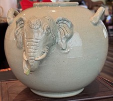Rare Thai Celadon Glazed Pottery Vessel,  9 Inches Tall , Elephant design picture