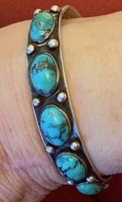 Best Navajo c1940s Bracelet Superb Natural Turquoise Hand Made Hand Stamped Y picture