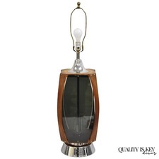 Vintage Lawrin Mid Century Modern Walnut Chrome Smoked Plexiglass Table Lamp picture