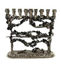 ITALIAN 925 STERLING SILVER HANDMADE HEAVY GRAPE & LEAF APPLIQUE ORNATE MENORAH picture