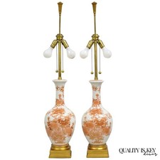 Vintage Marbro Chinoiserie Porcelain Vase Orange Floral Asian Table Lamp Pair picture