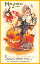 c.1910 sgd. A. Heinmuller Boy Sitting on Jack O' Lantern Halloween postcard picture
