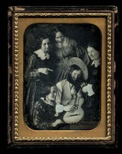 Incredible Daguerreotype Group of Women & Musician Playing Guitar 1850s Rare picture