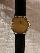 Seiko CREDOR Men's Watch Gold Dial Black Leather 18KT Bezel Quartz Near Mint picture