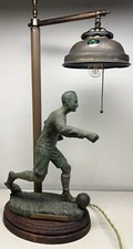ANTIQUE ART DECO FRENCH BRONZE FOOTBALL SOCCER H. FUGERE DESK JEWELLED OLD LAMP picture