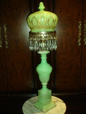 ANTIQUE GREEN MARBLE LAMP WITH VASELINE GLASS SHADE FROM VATICAN picture