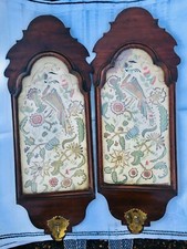 WALNUT AND CREWEL WORK WALL SCONCES 1680-1720 STUMPWORK EMBROIDERED 17TH CENT  picture