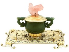 Antique George V Sterling Silver Nephrite and Rose Quartz Inkstand 1926 picture