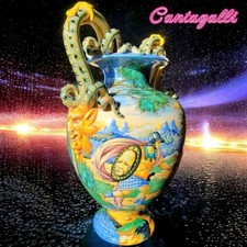 Cantagalli Majolica Vase with Snake handles & Rooster Logo 19century Antique picture