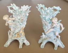 ANTIQUE PORCELAIN ELEGANT FIGURINE CHERUB ANGEL  PUTTI SPILL VASES CORNUCOPIA picture