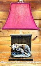 Vintage Table Lamp Fox and Cub on Wood Base with Burgundy Shade – 1950s picture